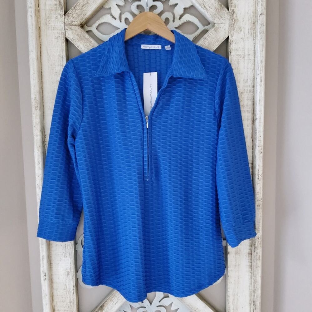 Notations Women's 3/4 Zip Pullover Textured Jacket Top Stretch in Royal Blue